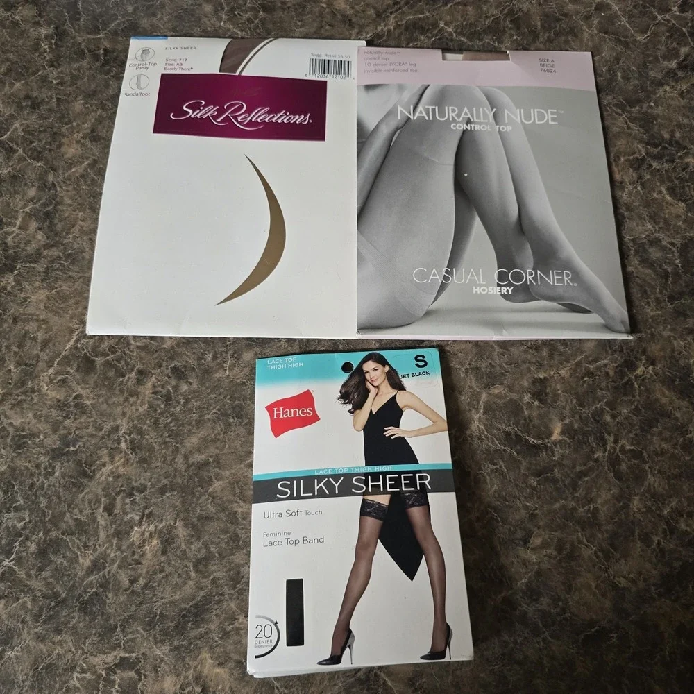 Vintage Hosiery Lot 3 Hanes Silk Reflections Casual Corner Pantyhose Thigh Highs